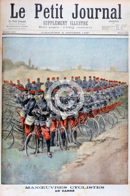 French Army bicycle corps in a square on manoeuvres, France, 1897. Artist: Henri Meyer