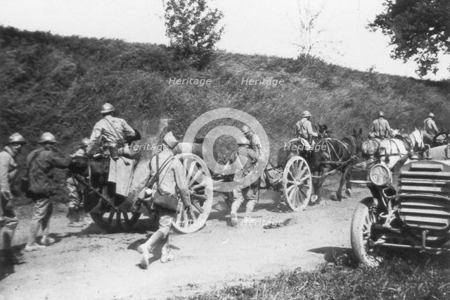 French artillery battery on the move, Chemin des Dames, France, 1918. Artist: Unknown