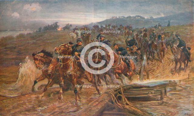 'French Artillery Crossing the River Aisne, September, 1914', 1915 (1928). Artist: John Charlton.
