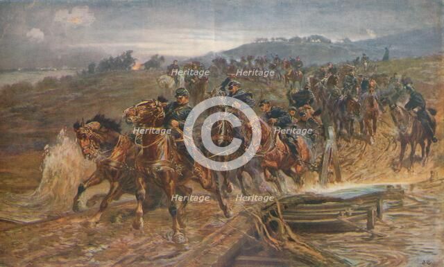 'French Artillery Crossing the River Aisne, September, 1914', 1915 (1928). Artist: John Charlton.