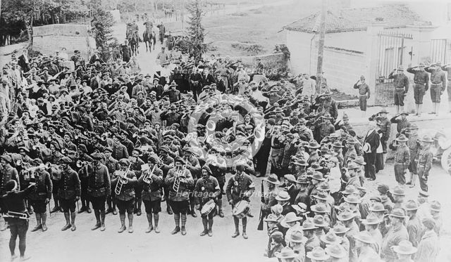 French band & U.S. troops, 1917 or 1918. Creator: Bain News Service.