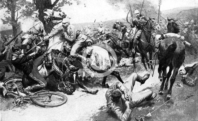 French cavalry attacking German troops, First World War, 1914. Artist: Unknown