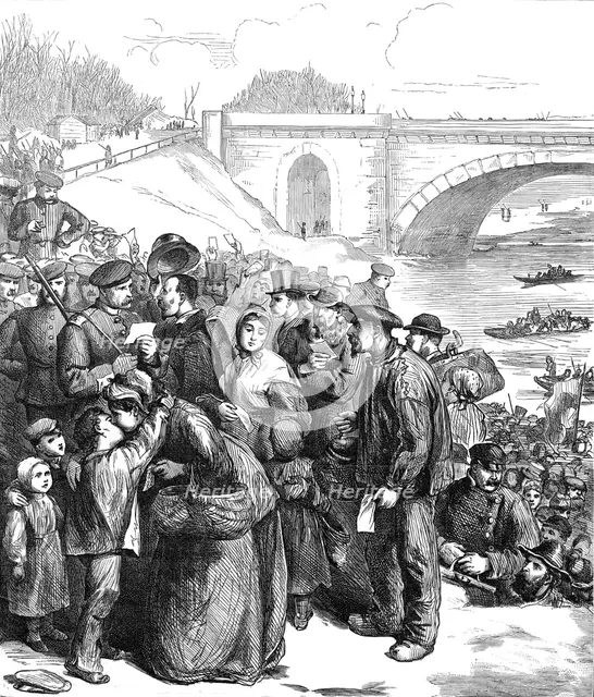 French coming into the Prussian lines for bread, at the ferry of Sevres, 1871. Creator: Unknown.