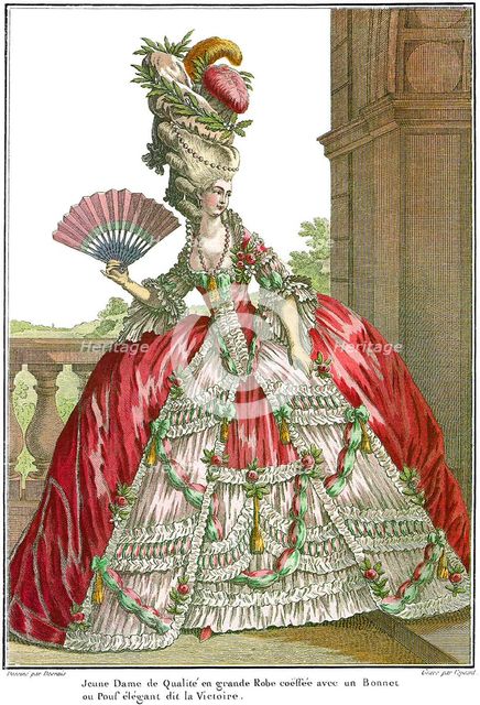 French court dress with wide panniers, 1778. Artist: Desrais, Claude Louis (1746-1816)