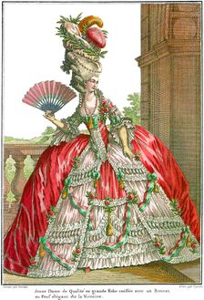 French court dress with wide panniers, 1778. Creator: Desrais, Claude Louis (1746-1816)