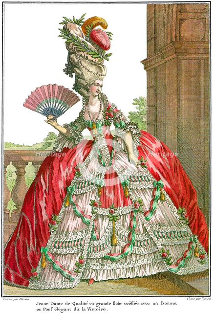 French court dress with wide panniers, 1778.  Creator: Desrais, Claude Louis (1746-1816).