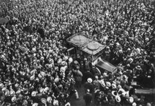 French crowds cheering Pershing and Joffre, Hotel Crillon, Paris, First World War, 1917