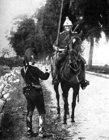 French dragoon, delivering passport to alert Belgian picket First World War, 1914