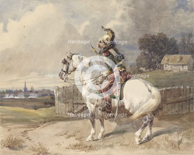 French dragoon on a white horse, 1825-1875. Creator: Théodore Fort.