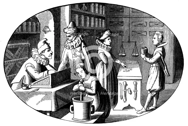 French druggist and grocer, 16th century. Artist: Anon