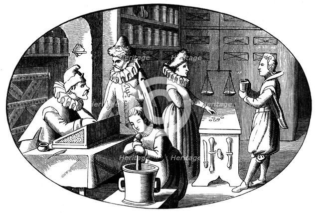 French druggist and grocer, 16th century. Artist: Anon