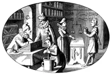 French druggist and grocer, 16th century. Artist: Anon