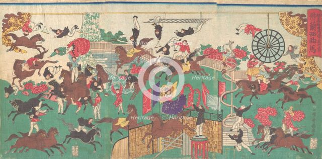 French Equestrian Circus on the grounds of Asakusa Kannon temple (Asakusa kannon keidai ni..., 1871. Creator: Utagawa Kuniteru.