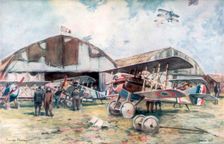 French Fighter Squadron Aerodrome 1918, (1926).Artist: Francois Flameng