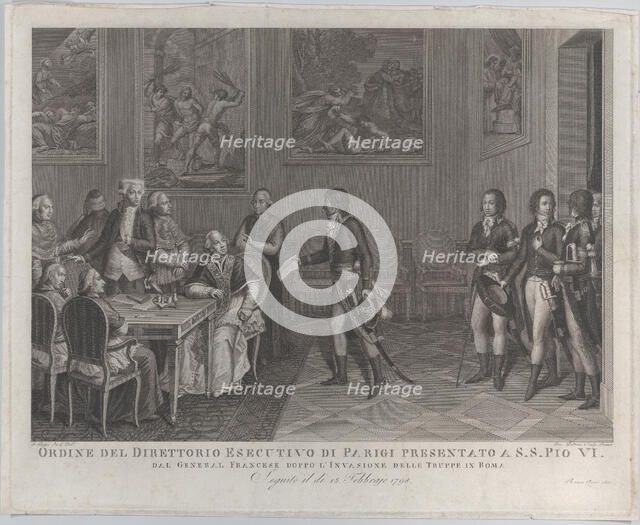 French general handing Directory order to Pope Pius VI after invasion of Rome..., 1801. Creator: Giovanni Petrini.