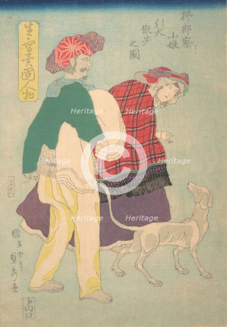 French Girl Walking a Dog Accompanied by a Siamese Servant, 11th month, 1860. Creator: Sadahide Utagawa.