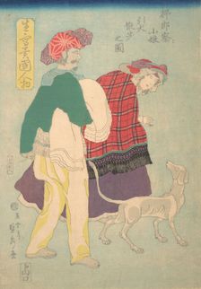 French Girl Walking a Dog Accompanied by a Siamese Servant, 11th month, 1860. Creator: Sadahide Utagawa