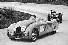 French Grand Prix, 1936: A new streamlined Bugatti, followed by a Riley 1936, (1937)