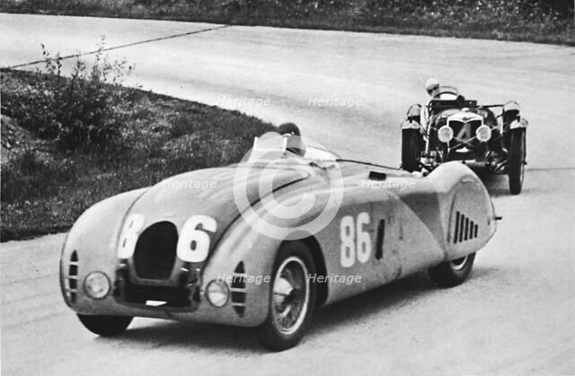 'French Grand Prix, 1936: A new streamlined Bugatti, followed by a Riley', 1936, (1937). Artist: Unknown.