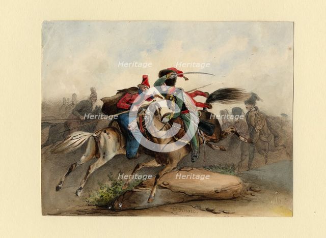 French Horse Chasseurs of the Imperial Guard in Combat with the Russian Cossacks, c. 1830. Artist: Finert (Finart), Noël Dieudonné (1797-1852)