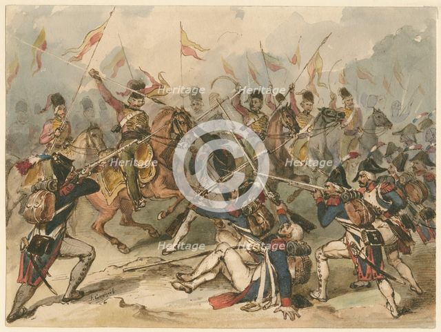 French infantry and Russian hussars in combat at Austerlitz. Artist: Goupil-Fesquet, Frédéric (1817-1878)