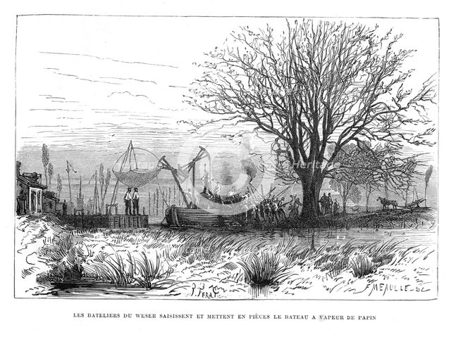 French physicist Denis Papin's, steamboat being wrecked, 1707 (1870). Creator: Unknown.