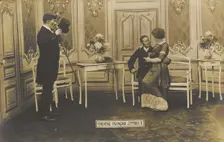 French prisoners of war, one in drag, performing a show at a prisoner of war camp in...(1910-1919?). Creator: Unknown