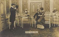French prisoners of war, one in drag, performing a show at a prisoner of war camp in...(1910-1919?). Creator: Unknown
