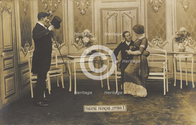 French prisoners of war, one in drag, performing a show at a prisoner of war camp in...(1910-1919?). Creator: Unknown.