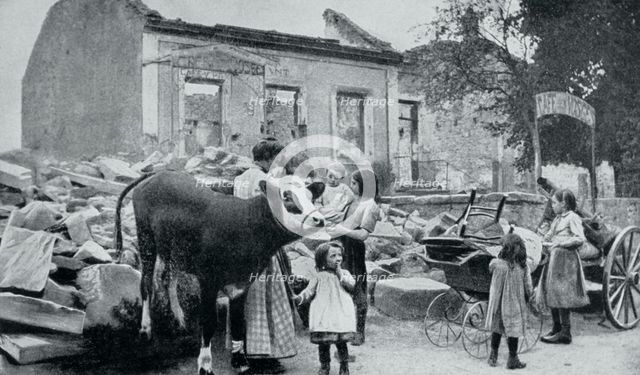 French refugees return to their abandoned village, Artois, World War I, 1915. Artist: Unknown