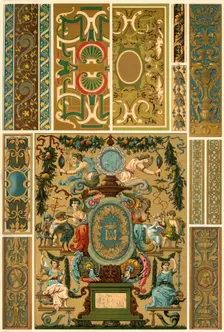 French Renaissance wall painting, polychrome painted sculpture, weaving and book covers, (1898). Creator: Unknown
