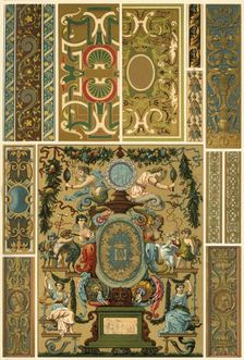 French Renaissance wall painting, polychrome painted sculpture, weaving and book covers, (1898). Creator: Unknown