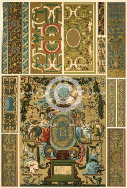 French Renaissance wall painting, polychrome painted sculpture, weaving and book covers, (1898). Creator: Unknown.