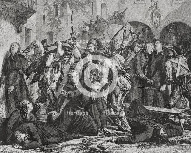 French Revolution: Slaughter of clerics, September Massacres (2 to 6 September 1792), 1876. Creator: Charles Maurand.