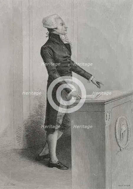 French Revolution: Portrait of Robespierre speaking in Convention, 1876.  Creator: Adolphe François Pannemaker.