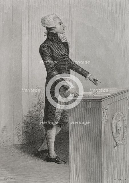French Revolution: Portrait of Robespierre speaking in Convention, 1876.  Creator: Adolphe François Pannemaker.