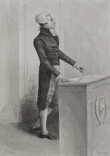 French Revolution: Portrait of Robespierre speaking in Convention, 1876. Creator: Adolphe François Pannemaker
