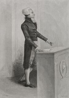 French Revolution: Portrait of Robespierre speaking in Convention, 1876. Creator: Adolphe François Pannemaker