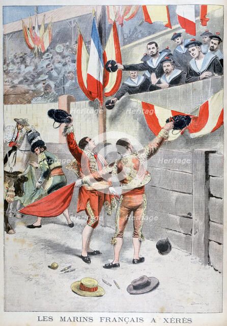 French sailors watching a bull fight, Xeres, Spain, 1899. Artist: Eugene Damblans