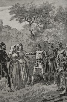 French soldiers outraging a young Sicilian noblewoman, Sicilian Vespers, 1282, (1890). Creator: Unknown