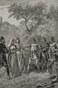French soldiers outraging a young Sicilian noblewoman, Sicilian Vespers, 1282, (1890). Creator: Unknown