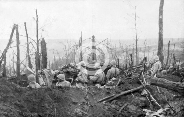 French soldiers overlooking German positions, Battle of Malmaison, 1917. Artist: Unknown