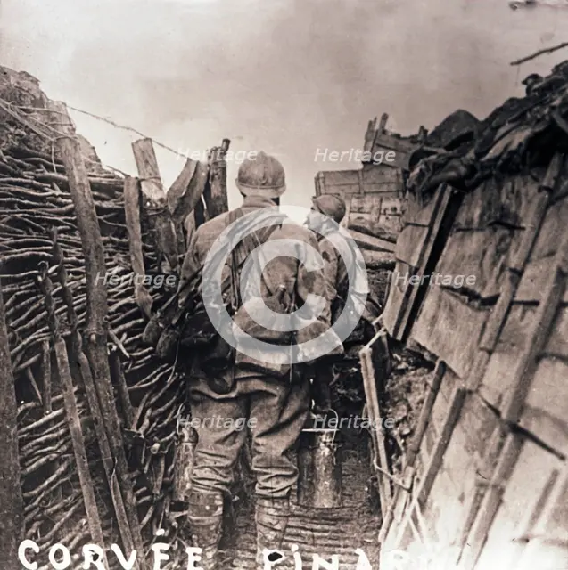 French soldiers on cooking duty in a trench, c1914-c1918. Artist: Unknown.