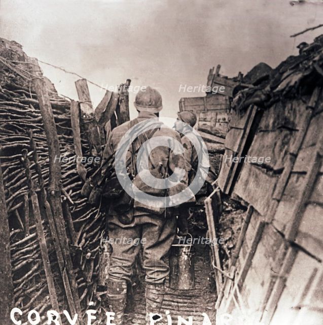 French soldiers on cooking duty in a trench, c1914-c1918. Artist: Unknown.
