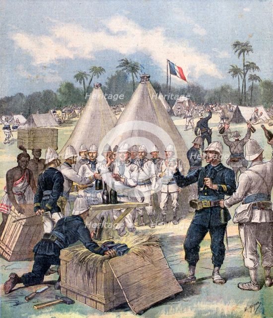 French soldiers opening New Year's gift boxes in Dahomey, Africa, 1892. Artist: Henri Meyer