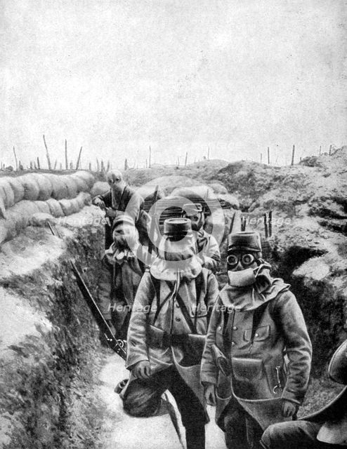 French soldiers in improvised gas masks, 1915. Artist: Unknown
