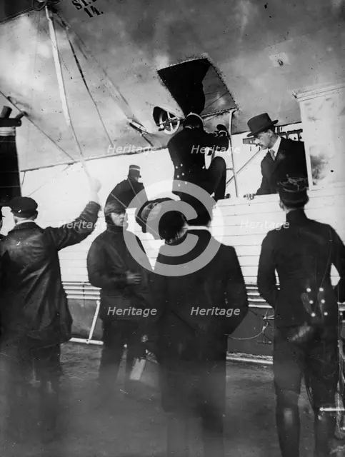 French soldiers inspecting Zeppelin, 1913. Creator: Bain News Service.