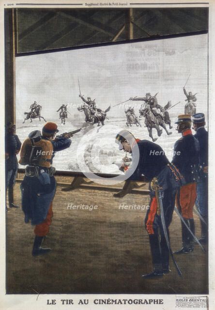 French soldiers using film of a cavalry charge for rifle practice, 1912. Artist: Unknown