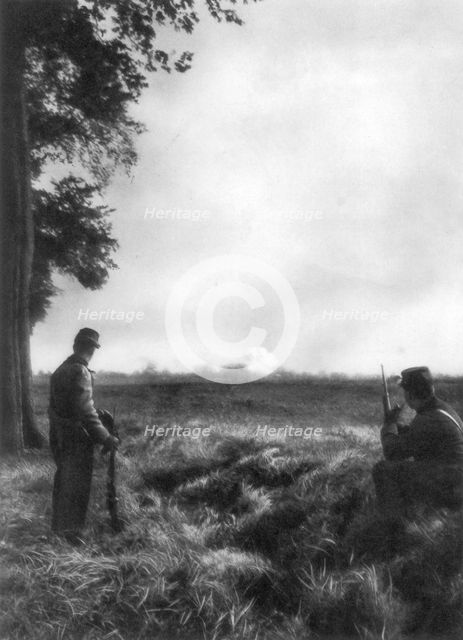 French soldiers watching artillery fire, 1st Battle of the Marne, France, 5-12 September 1914. Artist: Unknown