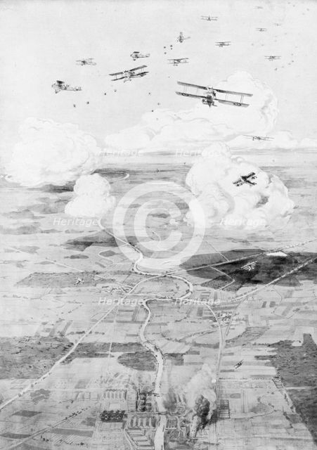 'French squadron on the objective; factories at the edge of a river', 1918, (1926).Artist: Etienne Cournault
